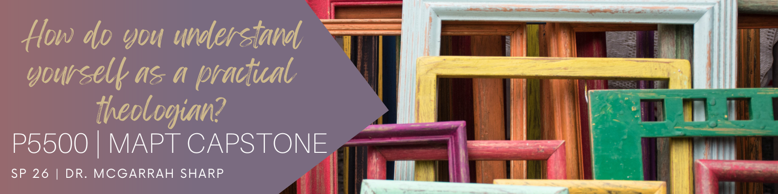 "How do you understand yourself as a practical theologian?" with a set of empty colorful picture frames